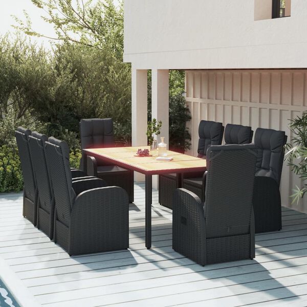 vidaXL Ensemble &agrave; manger de jardin 9pcs coussins noir r&eacute;sine tress&eacute;e