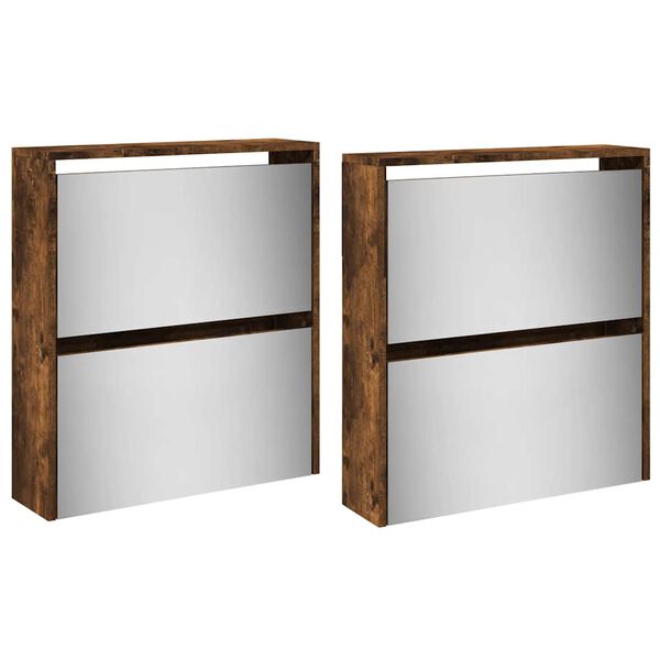 vidaXL Armoire &agrave; chaussures miroir &agrave; 4 niveaux ch&ecirc;ne fum&eacute; 63x17x134 cm