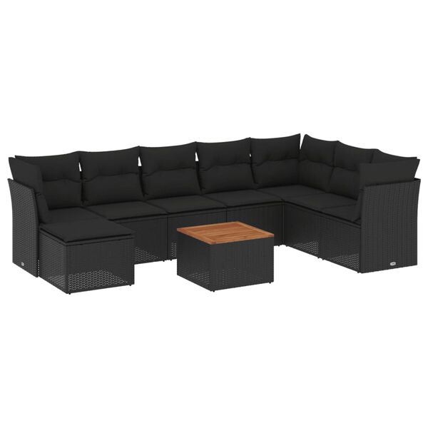 vidaXL Salon de jardin 9 pcs avec coussins noir r&eacute;sine tress&eacute;e