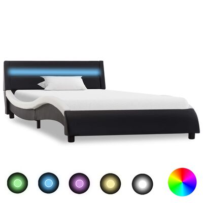 vidaXL Cadre de lit avec LED Noir et blanc Similicuir 90x200 cm