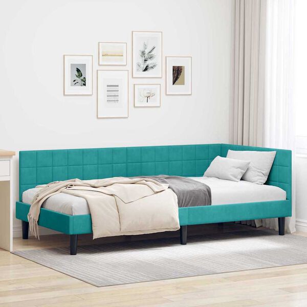 vidaXL Cadre de lit d'angle Turquoise 90 cm x 200 cm Velours