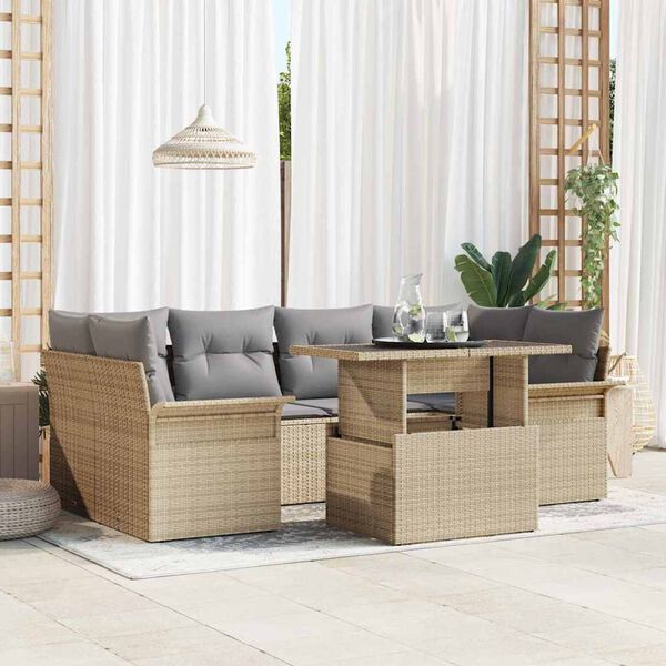 vidaXL Ensemble de canap&eacute; de jardin 7 pcs Beige Poly rotin