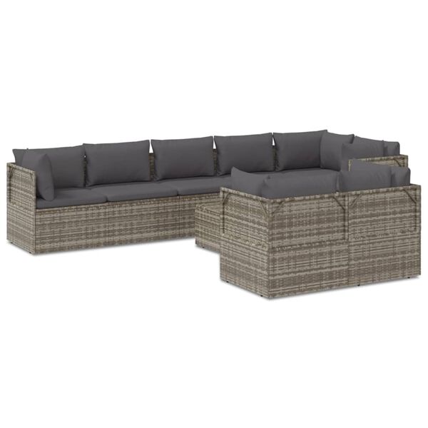 vidaXL Salon de jardin 9 pcs avec coussins Gris R&eacute;sine tress&eacute;e
