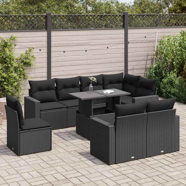 vidaXL Salon de jardin 9 pcs avec coussins noir r&eacute;sine tress&eacute;e