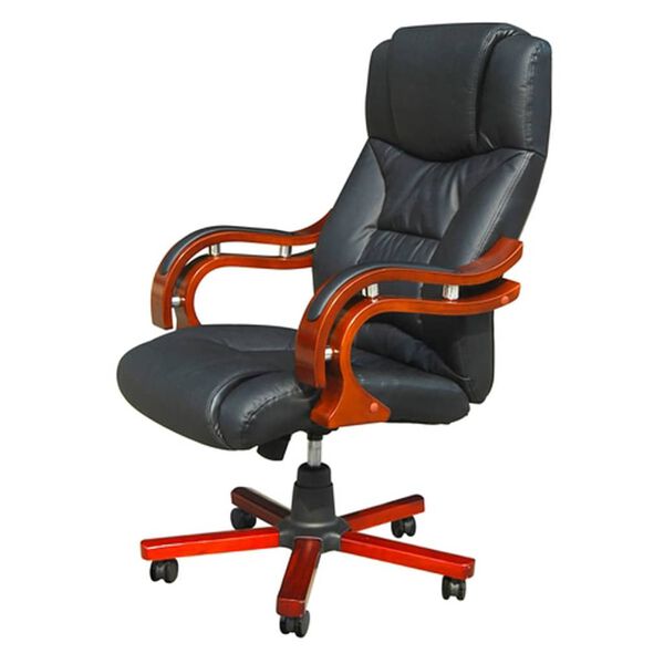 Fauteuil cuir mélangé noir et éléments bois