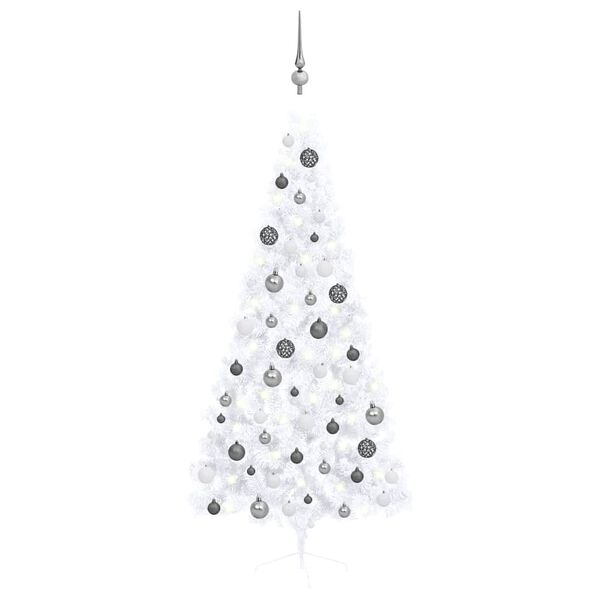vidaXL Demi-arbre de No&euml;l artificiel pr&eacute;-&eacute;clair&eacute; et boules blanc 180cm