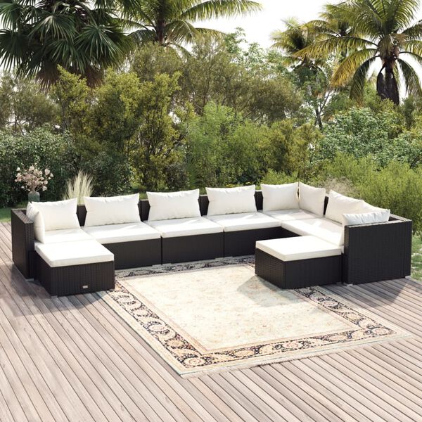 vidaXL Salon de jardin 9 pcs avec coussins Résine tressée Noir