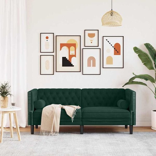 vidaXL Canapé Chesterfield avec traversins 2 places vert foncé velours