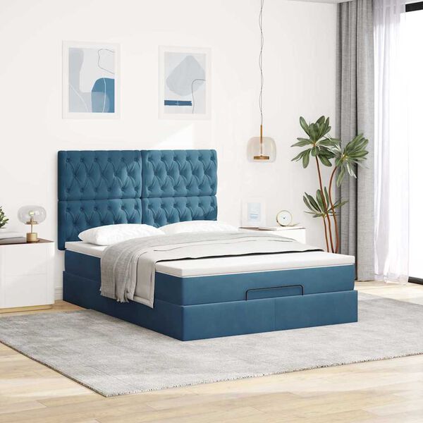 vidaXL Cadre de lit ottoman avec matelas bleu fonc&eacute; 140x200 cm velours