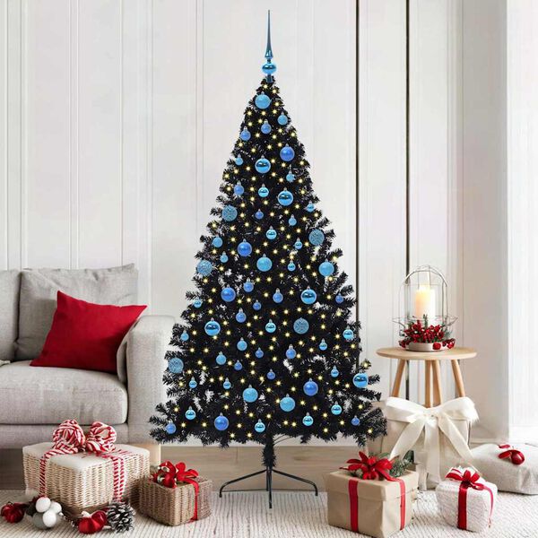 vidaXL Sapin de No&euml;l artificiel pr&eacute;-&eacute;clair&eacute; Noir 180 cm PVC