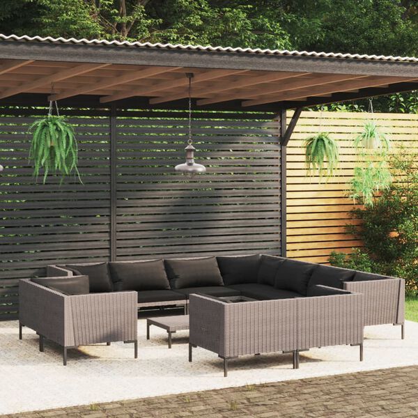 vidaXL Salon de jardin 12 pcs avec coussins R&eacute;sine tress&eacute;e Gris fonc&eacute;
