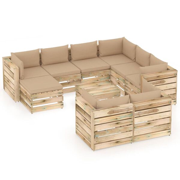 vidaXL Salon de jardin 10 pcs avec coussins Bois impr&eacute;gn&eacute; de vert