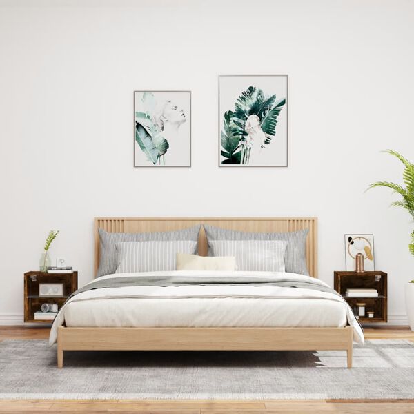 vidaXL Tables de chevet murales avec lumi&egrave;res LED 2 pcs ch&ecirc;ne fum&eacute;