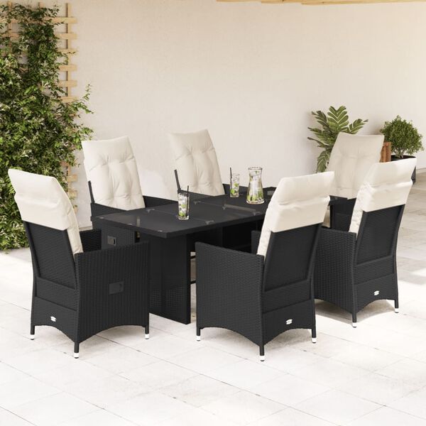 vidaXL Ensemble &agrave; manger de jardin coussins 7 pcs noir r&eacute;sine tress&eacute;e