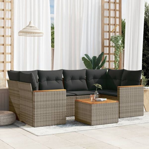 vidaXL Salon de jardin avec coussins 7 pcs gris r&eacute;sine tress&eacute;e