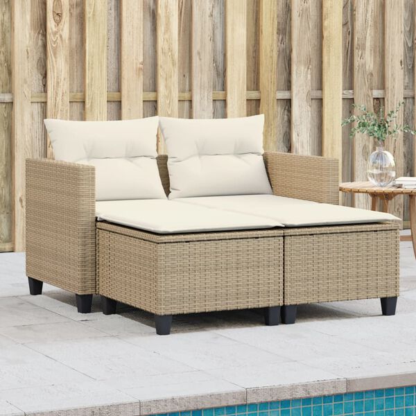 vidaXL Canap&eacute; de jardin 2 places avec tabourets beige r&eacute;sine tress&eacute;e