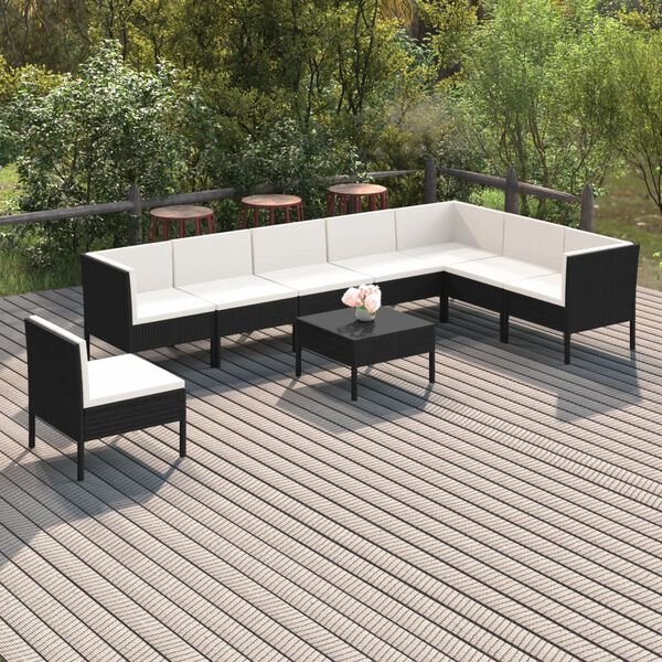 vidaXL Salon de jardin 9 pcs avec coussins R&eacute;sine tress&eacute;e Noir