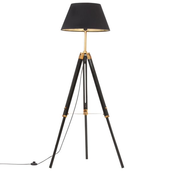 vidaXL Lampadaire &agrave; tr&eacute;pied Noir et dor&eacute; Bois de teck massif 141 cm