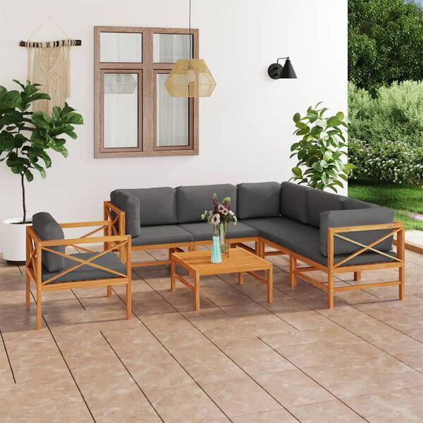 vidaXL Salon de jardin 7 pcs avec coussins gris bois de teck solide