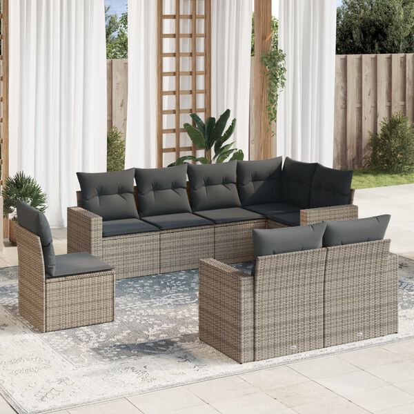 vidaXL Salon de jardin 8 pcs avec coussins gris r&eacute;sine tress&eacute;e