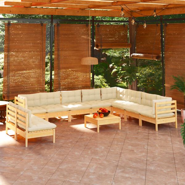 vidaXL Salon de jardin 11 pcs avec coussins cr&egrave;me Bois de pin solide