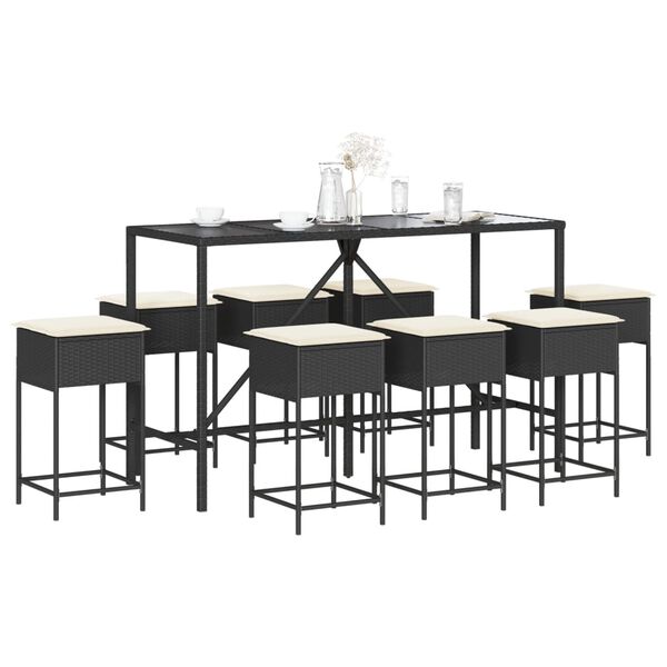 vidaXL Ensemble de bar de jardin 9 pcs avec coussins noir poly rotin