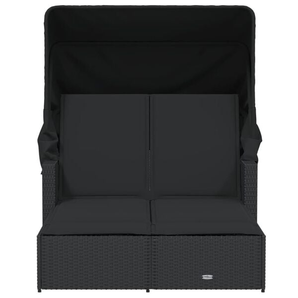 vidaXL Chaise longue double et auvent et coussins noir r&eacute;sine tress&eacute;e