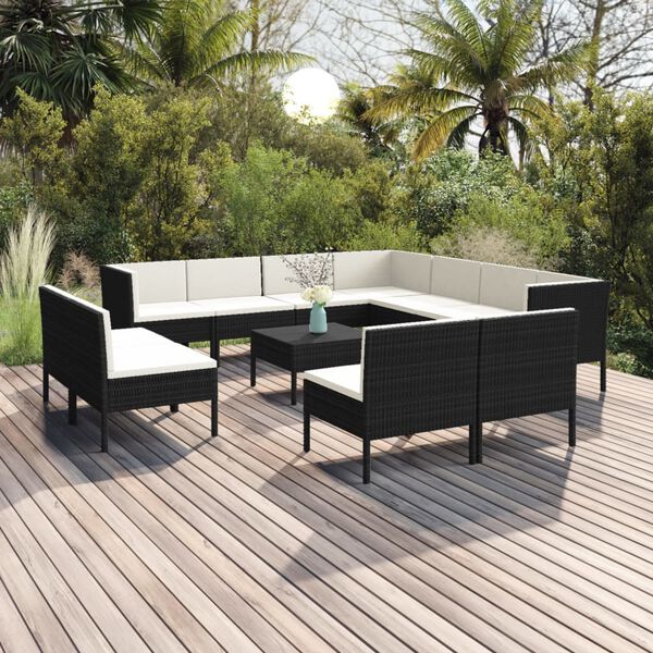 vidaXL Salon de jardin 12 pcs avec coussins r&eacute;sine tress&eacute;e noir