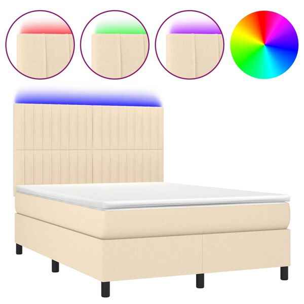 vidaXL Sommier &agrave; lattes de lit et matelas et LED Cr&egrave;me 140x200cm Tissu