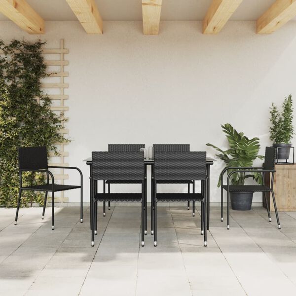 vidaXL Ensemble &agrave; manger de jardin 7 pcs noir r&eacute;sine tress&eacute;e et acier