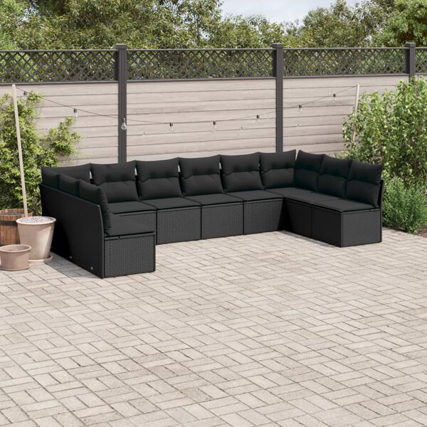 vidaXL Salon de jardin 10 pcs avec coussins noir r&eacute;sine tress&eacute;e