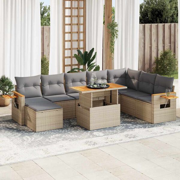 vidaXL Salon de jardin avec coussins 9 pcs beige r&eacute;sine tress&eacute;e acacia