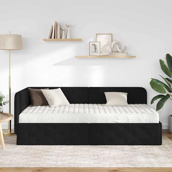 vidaXL Cadre de lit d'angle avec matelas Noir 90 x 190 cm tissu