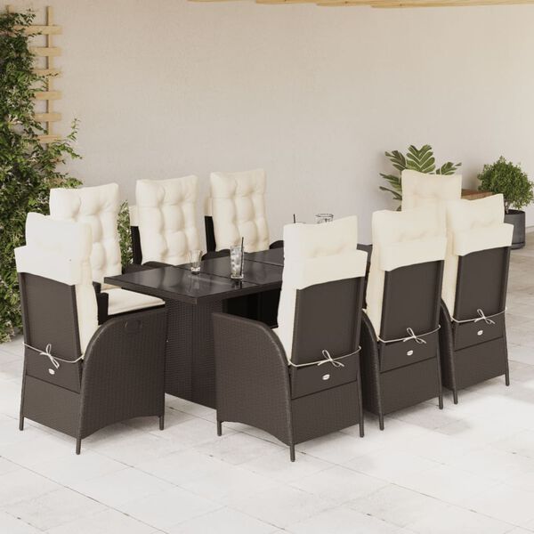 vidaXL Ensemble &agrave; manger de jardin et coussins 9 pcs marron poly rotin