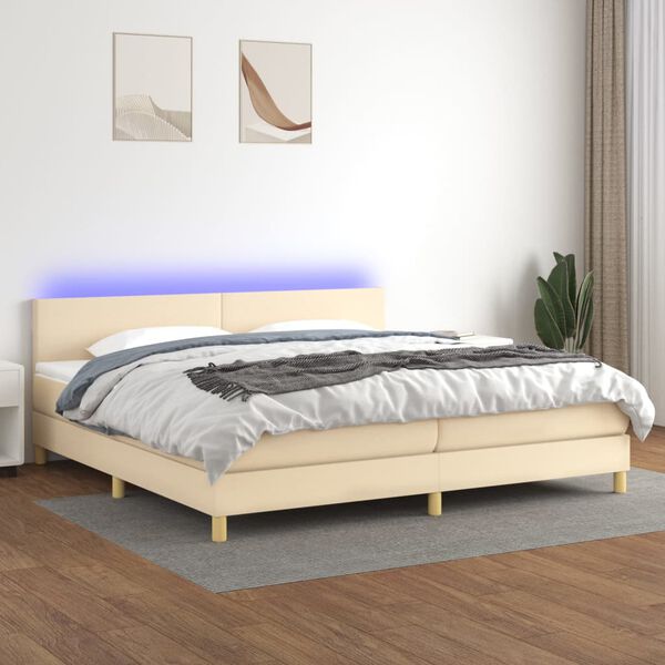 vidaXL Sommier &agrave; lattes de lit et matelas et LED Cr&egrave;me 200x200cm Tissu