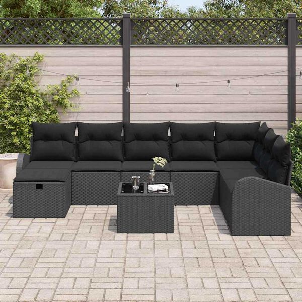 vidaXL Ensemble de canap&eacute; de jardin avec coussin 9 pcs Noir Poly rotin