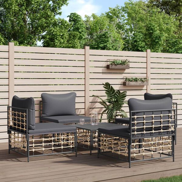 vidaXL Salon de jardin 5 pcs avec coussins anthracite résine tressée