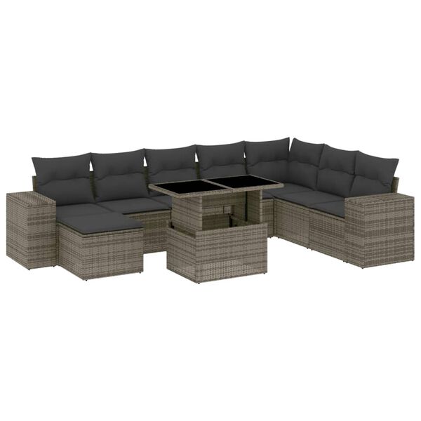 vidaXL Salon de jardin 9 pcs avec coussins gris r&eacute;sine tress&eacute;e