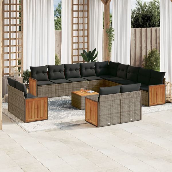 vidaXL Salon de jardin avec coussins 14 pcs gris r&eacute;sine tress&eacute;e