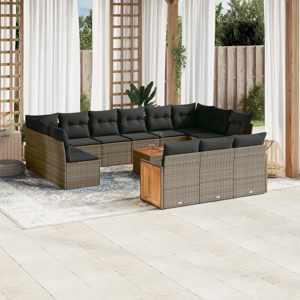 vidaXL Salon de jardin avec coussins 14 pcs gris r&eacute;sine tress&eacute;e