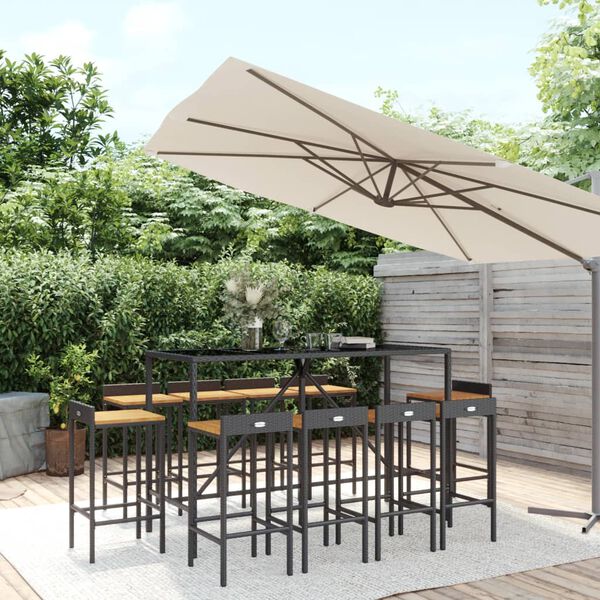 vidaXL Ensemble de bar jardin 11pcs noir poly rotin/bois massif acacia
