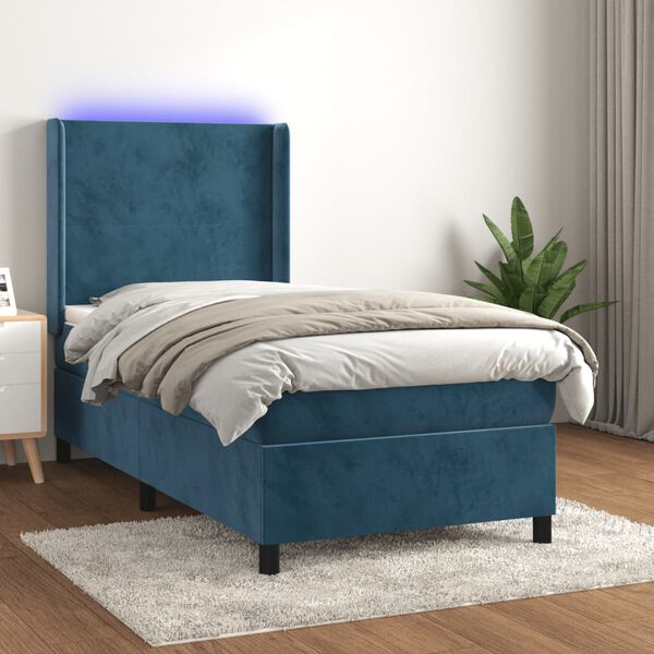 vidaXL Sommier &agrave; lattes de lit matelas LED Bleu fonc&eacute; 90x200cm Velours