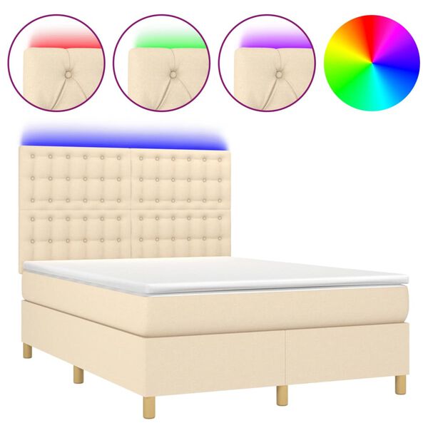 vidaXL Sommier &agrave; lattes de lit et matelas et LED Cr&egrave;me 140x190cm Tissu