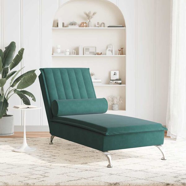 vidaXL Chaise longue de massage avec traversin vert foncé velours
