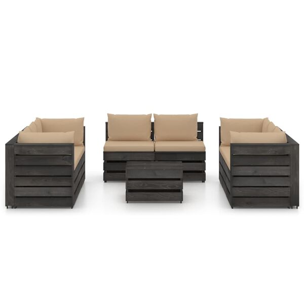 vidaXL Salon de jardin 9 pcs avec coussins Bois impr&eacute;gn&eacute; de gris