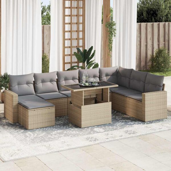 vidaXL Salon de jardin avec coussins 9 pcs beige r&eacute;sine tress&eacute;e