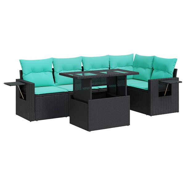 vidaXL Salon de jardin 6 pcs avec coussins noir r&eacute;sine tress&eacute;e acacia