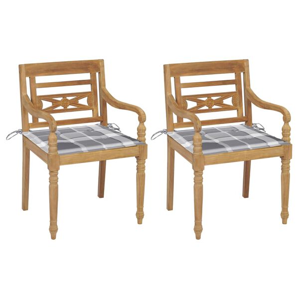 vidaXL Chaises Batavia lot de 2 coussins &agrave; carreaux gris Teck massif