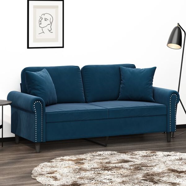 vidaXL Canap&eacute; 2 places et oreillers et coussins Bleu 140 cm Velours