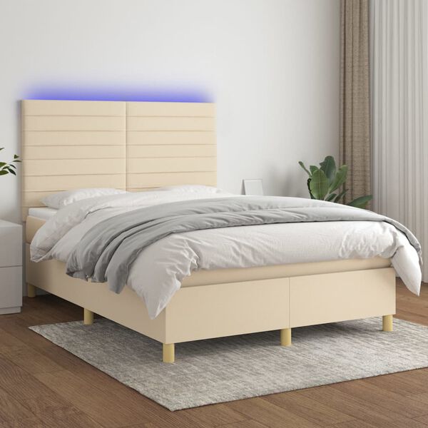 vidaXL Sommier &agrave; lattes de lit et matelas et LED Cr&egrave;me 140x200cm Tissu